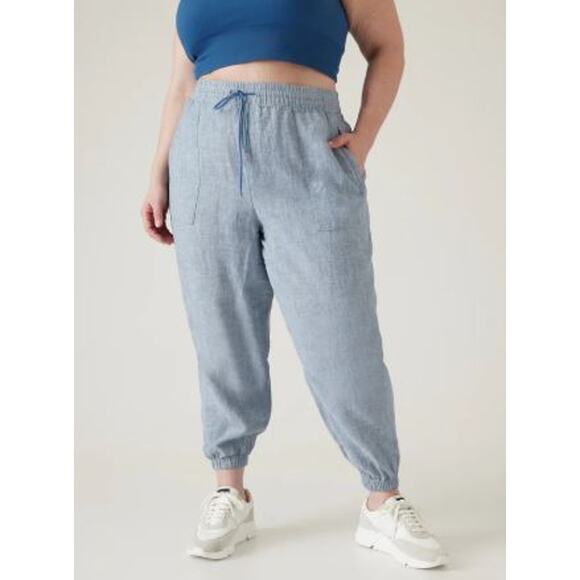 Athleta Joggers Womens Size 14 Blue Linen Pockets Drawstring Retreat Minimalist - Picture 1 of 10